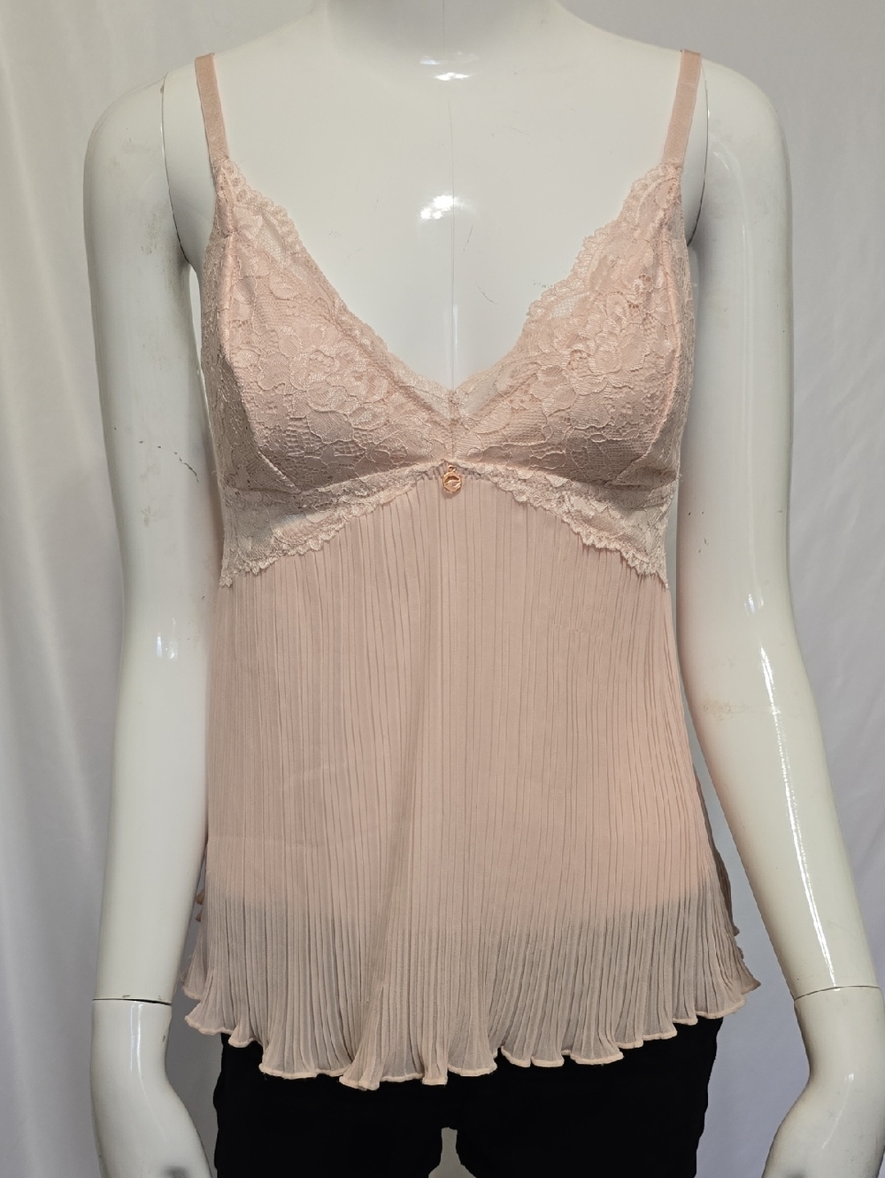 Marilyn Monroe Intimates Blush Pink Lace Plisse Pleated Chiffon Cami Top L